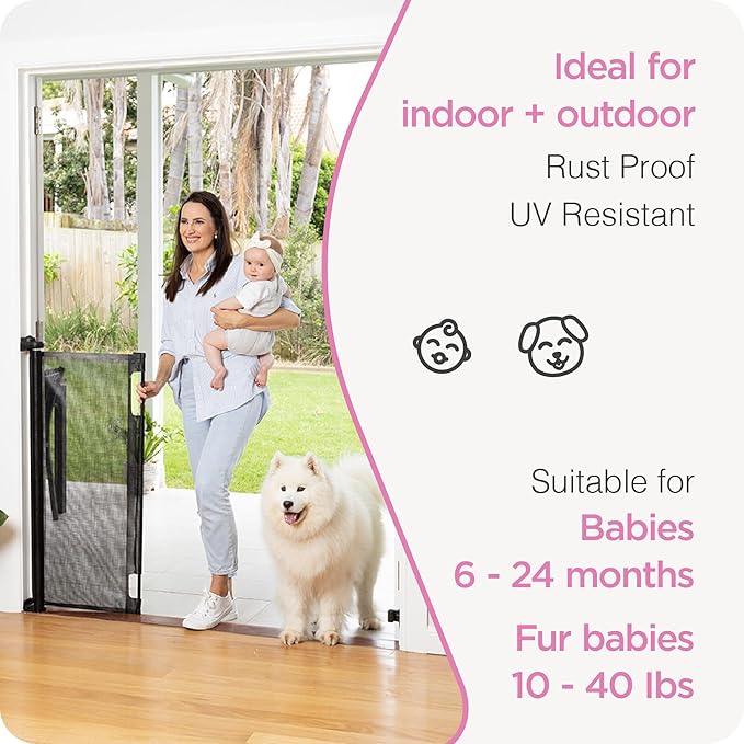Retractable Baby Gate Perma Child Safety 41" Tall x 71??Wide, Mesh, for Stairs, Doorways, Dogs, Pets, Indoor, Outdoor, One-Handed Operation, Locking, Easy Install, Hardware Mount, Black