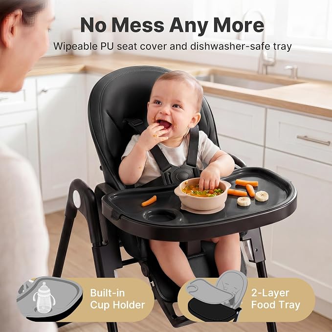 Baby High Chair, Convertible Folding Highchair with Dishwasher-Safe Tray, Adjustable Heights & Backrest, 5-Point Harness, Portable Dining High Chairs for Babies and Toddlers (Black)