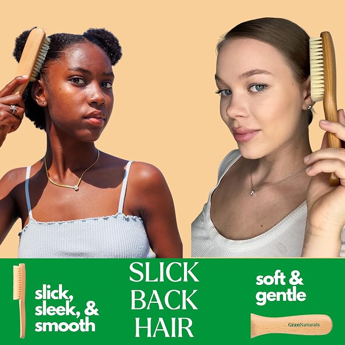 GranNaturals Boar Bristle Slick Back Hair Brush - Soft White Bristle Smoothing Hairbrush for Slicking Hair to Create Sleek Style- Natural Wood Handle for Women + Men