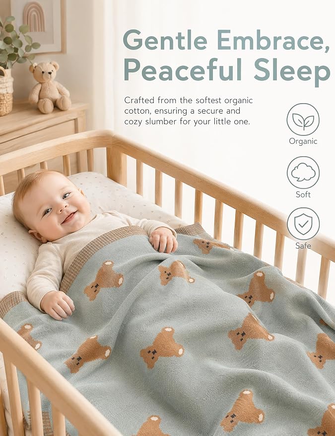 Organic Cotton Baby Blanket - Soft Luxury Knit Receiving Blanket for Newborns & Toddlers, Cozy Breathable Stroller Blanket with Pattern, Unisex, 30x40Inch（Bear-Green）