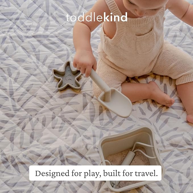 Toddlekind Pretty Practical Mat 100% Organic Cotton 47" x 47”, Reversible, Portable, Travel, Portable, Indoor/Outdoor, for Babies/Toddlers, Sandy Lines-Ocean Leaves-Stone (Grey)