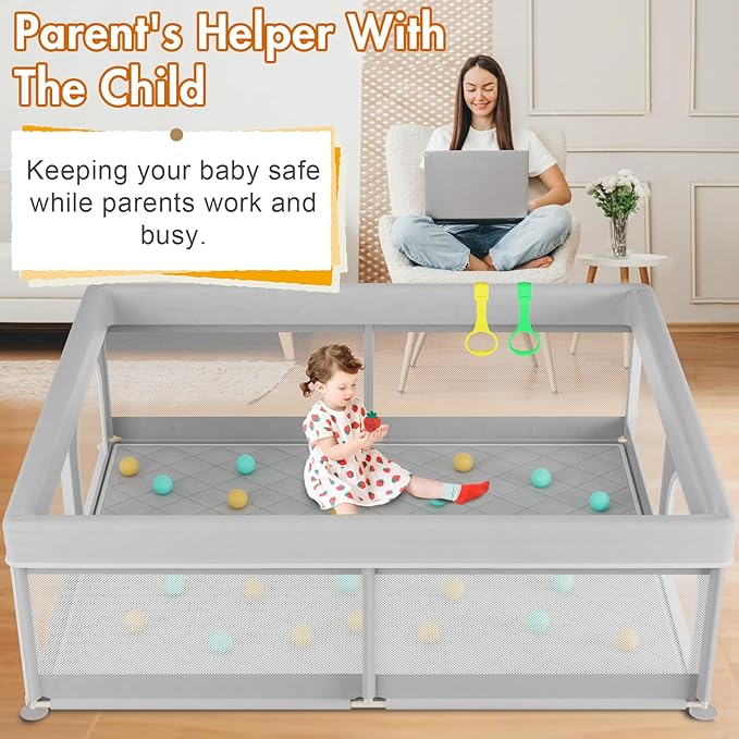 Omzer Baby Playpen with Mat 71x59inch: Large Playpen for Babies and Toddlers Indoor Safety Play Pen with Soft Breathable Mesh - All-Wrapped Sponge Sturdy Play Yard with Stable Mat Magic Sticker