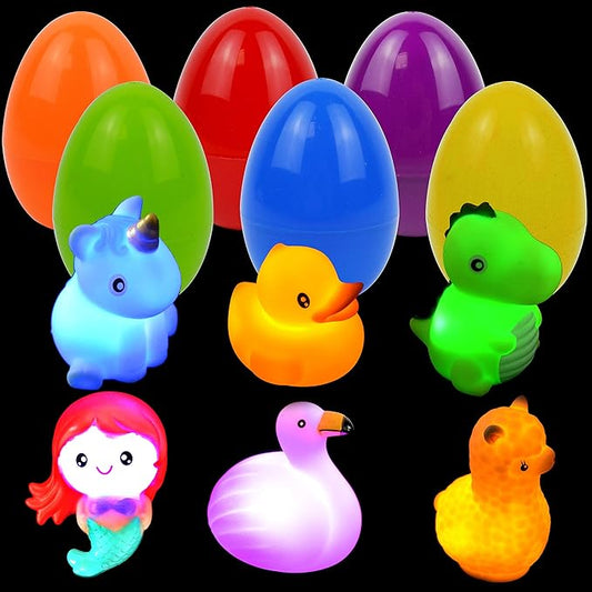 JOYIN 6 Pcs Pre-Filled Easter Eggs with Light-up Floating Bath Toys for Kids Toddler Eggs Hunt, Basket Stuffers/Fillers, Filling Treats, Party Favor, Classroom Prize Supplies