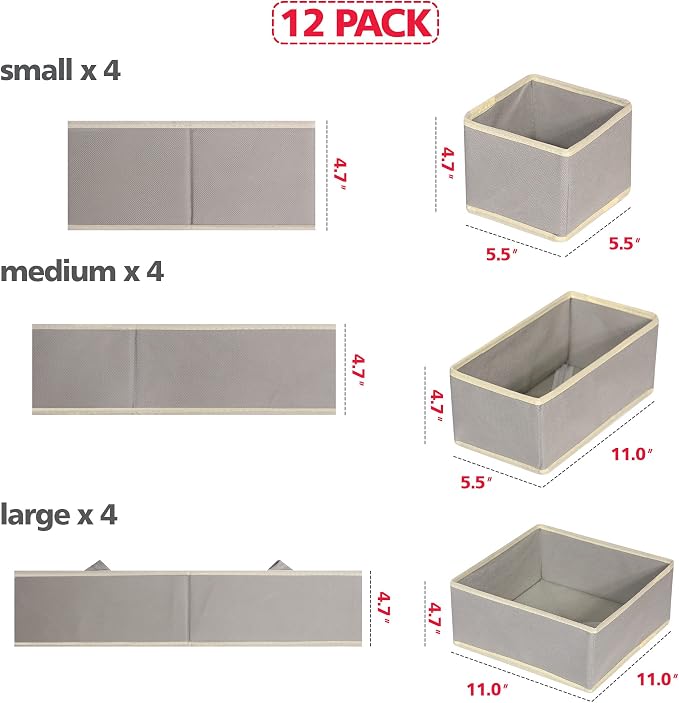 DIOMMELL 12 Pack Foldable Cloth Storage Box Closet Dresser Drawer Organizer Fabric Baskets Bins Containers Divider for Baby Clothes Underwear Bras Socks Lingerie Clothing,Grey 444
