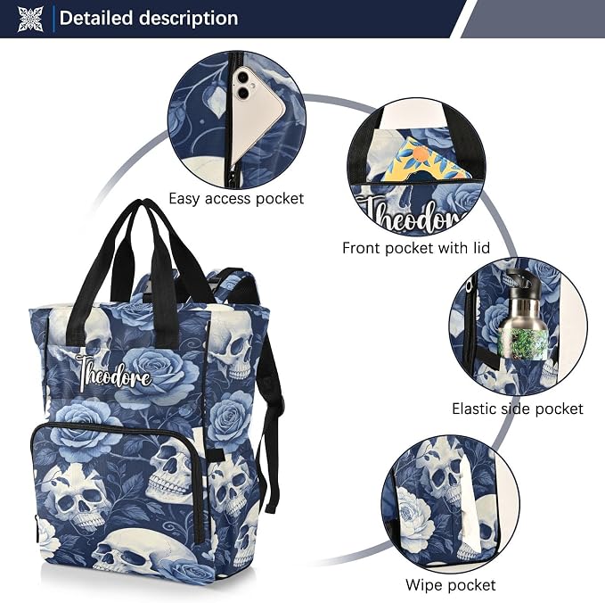 Personalized Cracked Skull Rose Diaper Bag Large Cap Insul Mom Dad