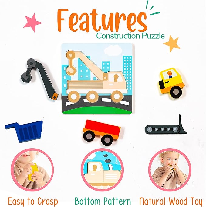 Klevly 6 PK Construction Wooden Toddler Puzzles Ages 2-4 | Wooden Puzzles for Toddlers 1-3 | Montessori Toys for 2 Year Old | Learning for 2+ Year Olds