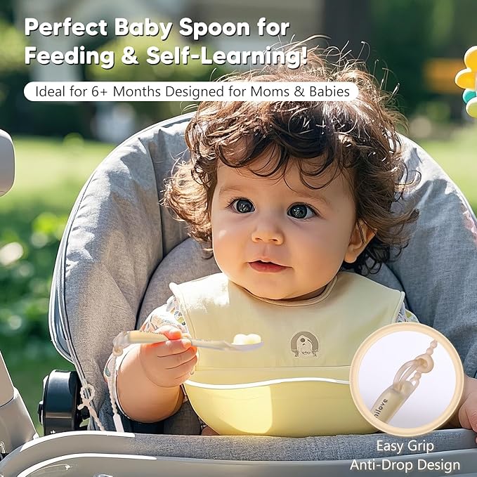 Silicone Baby Spoons 2-Pack with Case, Self Feeding 6 Months, Baby Led Weaning Supplies, Toddler Utensils with Safety Chain, Toddler Essentials, Dishwasher Safe Baby Safety Products
