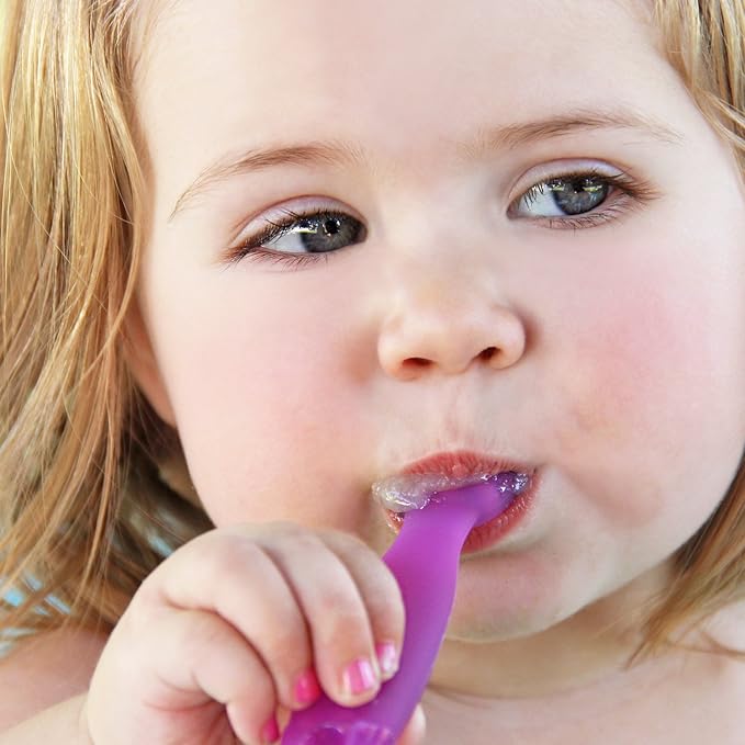 ChooMee FlexiDip Silicone Baby Learning Utensil | 4 Months + Baby Led Weaning | Flat Head Spoon with Firm Handle | Designed in USA, BPA Free, Premium Grade Platinum Silicone | 2 CT Pink Purple