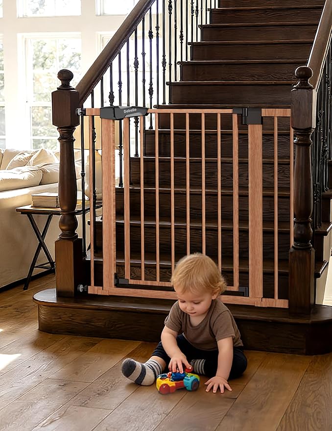 Babelio 29-48" Metal Baby Gate with Brown Wood Pattern, Auto Close Dog Gate PressGuard P7 for The House, Stairs and Doorways, Pressure Mounted Pet Gate with Door, Safety Gate for Child and Pets