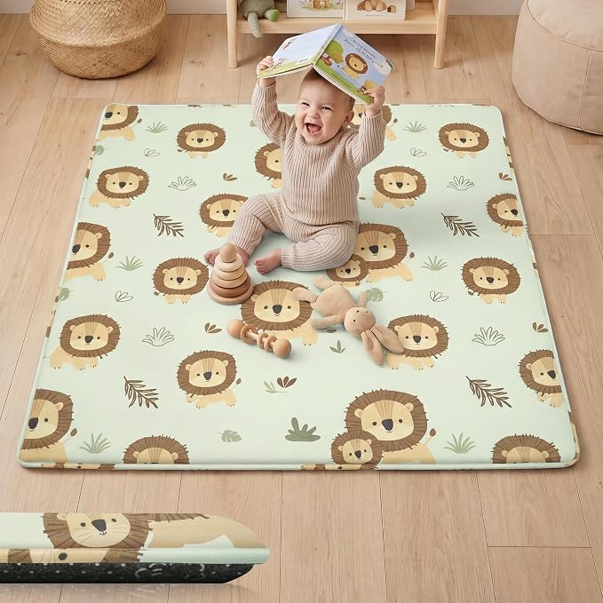 1.5" Thick Premium Baby Floor Play Mat, 50x50 Padded Memory Foam Mat, Tummy Time Crawling Playmat for Nursery Kids Playroom, Lion