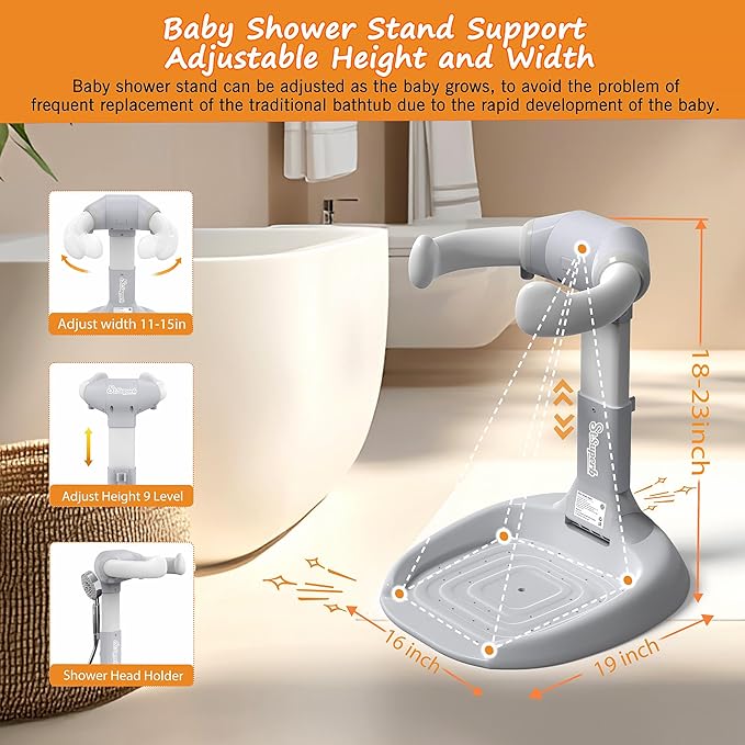 Foldable Baby Shower Stand, Toddler Shower Stand with Anti-Slip Base & Anti-Pinch Silicone, Baby Shower Standing Support 6-36 Months,Baby Stand Up Shower |Soporte para Bañera de Bebé (Grey)