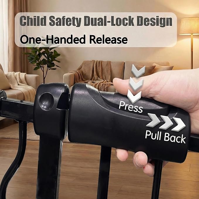 Heavy Duty Baby & Dog Safety Gate 86-104.7 Inch, Black Metal, Pressure Mounted No Drilling Pet Gate for Large Openings