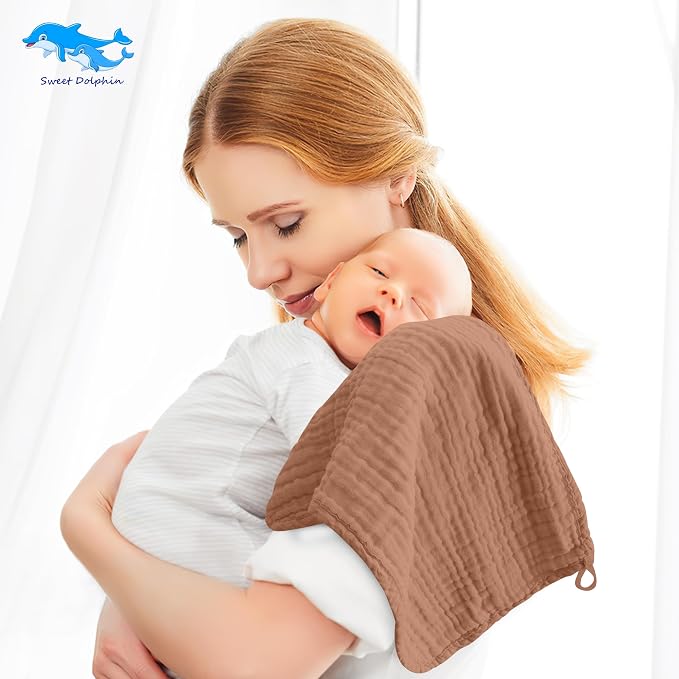 SWEET DOLPHIN 12 Pack Muslin Burp Cloths Large 100% Cotton Burping Clothes for Baby Drool - Absorbent and Soft Boys & Girls Milk Spit Up Rags for Newborn Essentials Registry - Muted Terracotta