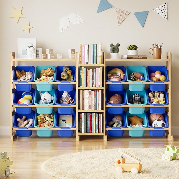 SpaceAid Large Toy Storage Organizer with 6 Shelves and 18 Bins, Book Shelf Organizers Storage Bookshelf, Kids Bin Shelf Box Bookcase for Bedroom Playroom Organization Room Decor, Blue and Navy Blue