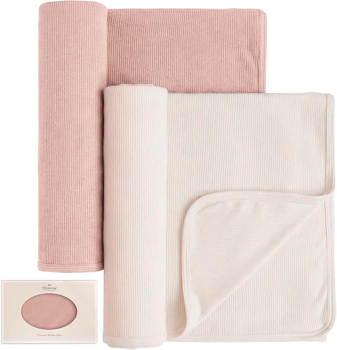 Konssy Knit Baby Blanket 2 Pack, Soft Ribbed Swaddle Receiving Blankets for Boys & Girls, Lightweight Cozy Swaddling Wrap for Newborns, Infants, & Toddlers, 33x42 Inch (Pink,Beige)