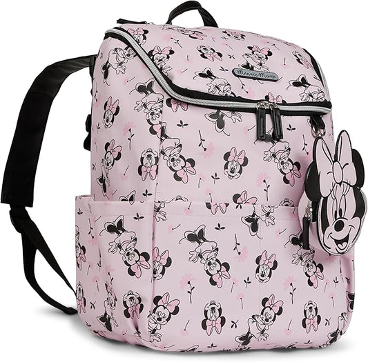 Disney Diaper Bag Backpack with Changing Pad Minnie Mouse ??16??Nylon Baby Bag for Parents, Insulated Bottle Holders, Multiple Storage Pockets