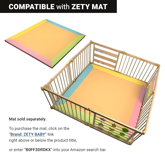 ZETY Natural Wood Baby Playpen ??8 or 10 Panel Foldable Play Yard with Door Panel and Built-in Toys, CPC Certified & SGS Tested