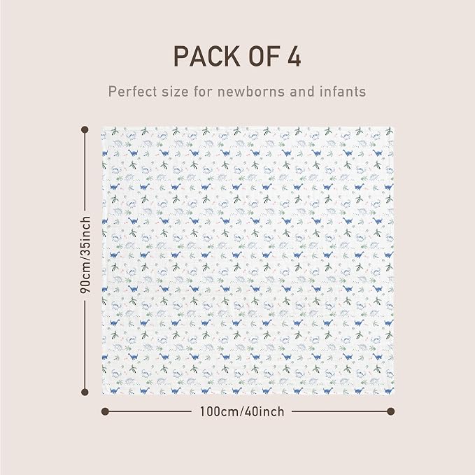 GLLQUEN BABY Muslin Swaddle Blankets 4-Pack Breathable Receiving Blankets (35" x 40") Soft Baby Blankets for Girls and Boys Newborn Essentials Muslin Burp Cloths Swaddle Wrap Baby Gift(Dinosaur)