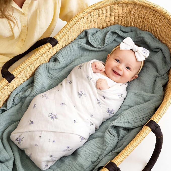 LifeTree Baby Muslin Swaddle Blankets for Boys & Girls, Newborn Swaddle Set with Matching Headband Bow, Infant Blanket Wrap, 47 x 47 inches, Purple Flower, 70% Viscose from Bamboo and 30% Cotton