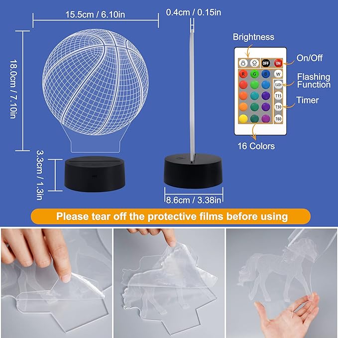 FULLOSUN Basketball 3D Night Light Birthday Gift, Light Up Basketball 3D Illusion Lamp with Remote Control 16 Colors, Mothers Father Gifts Changing Sport Fan Room Decoration Boy Girl