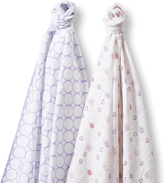 SwaddleDesigns 2 Large Receiving Swaddle Blankets for Baby Boys/Girls, Soft Premium Cotton, 1 Flannel + 1 Marquisette, Boutique Quality, Best Shower Gift, SwaddleDuo Lavender Peace Love Award Winner, Lavender, Multiple Pinks, (SD-187L)