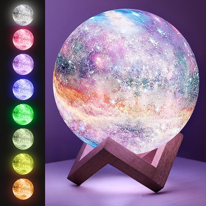 Mind-Glowing Galaxy Moon Lamp with Multi Colors, Touch/Remote, Wood Stand - Birthday Gift for Any Year Old Girls & Boys - Teen Girl Room Decor, Trendy Stuff - Cool Night Light for Kids (4.7 inch)