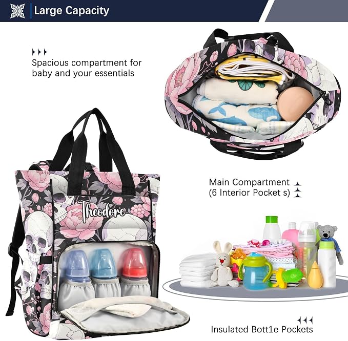 Personalized Skull Light Pink Peonies Diaper Bag Insul Large Cap Mom Dad