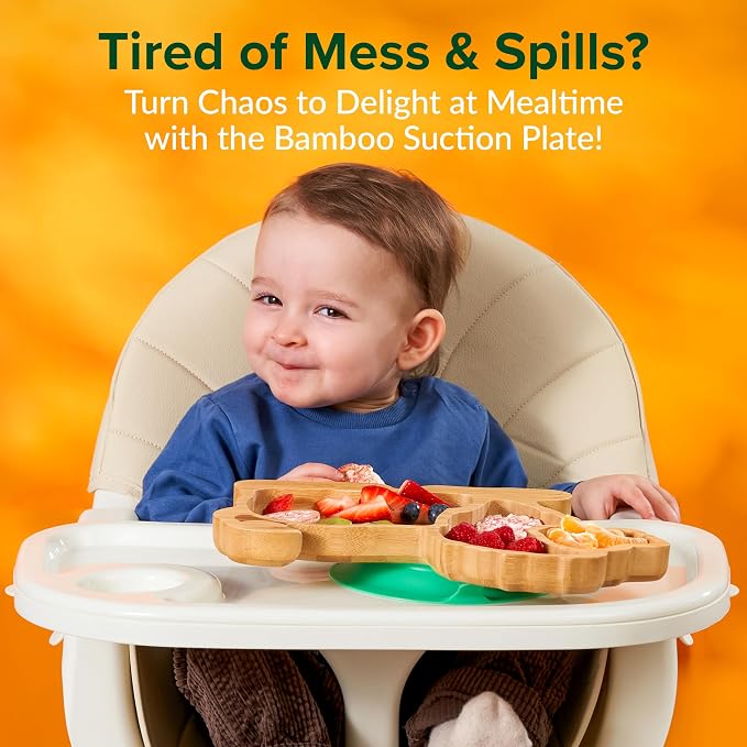 Bamboo Divided Suction Plates for Baby - Strong Suction Plates for Toddlers - Non-toxic All Natural Eco Friendly Materials - Lion