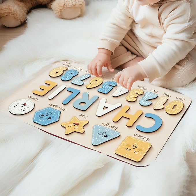 Wooden Name Puzzle Personalized with Numbers & Shapes for Kids 1-3 | 11 Color Themes | Handmade Montessori Toy, Keepsake Decor & Ideal 1st Birthday Gift
