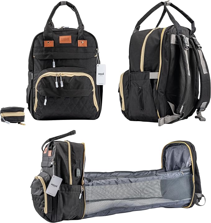 keppii essential™ 3-in-1 Diaper Backpack – Waterproof, USB Port, 16 Pockets & Changing Station | CPC Certified (Black)