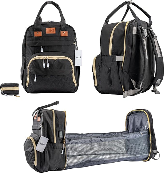 keppii essential™ 3-in-1 Diaper Backpack – Waterproof, USB Port, 16 Pockets & Changing Station | CPC Certified (Black)