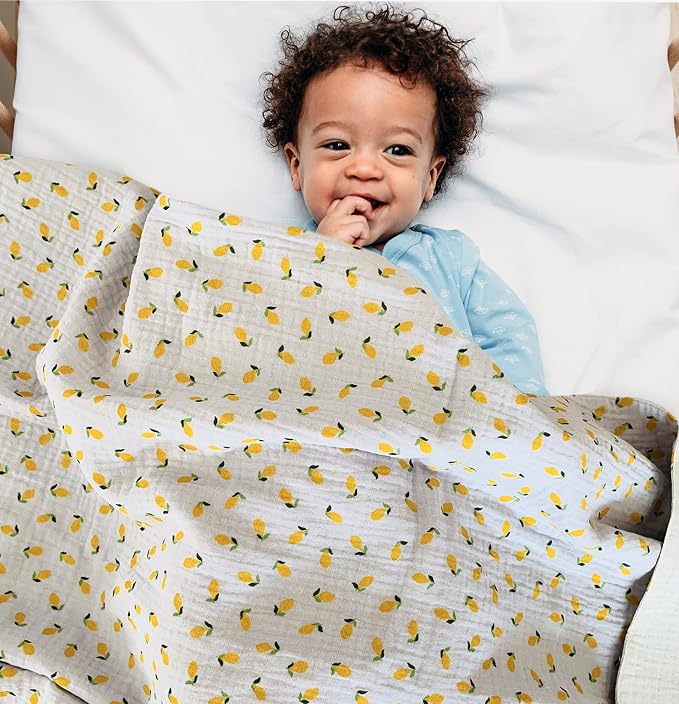 Leyl&Ari Muslin Quilt Blanket | 100% Organic Cotton | Toddler Crib Blanket | Made in USA (Little Lemons)