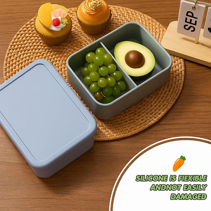 Layhit 2 Pcs Silicone Bento Box for Adults, 27 oz Bento Lunch Container Reusable Food Container for Women Men, Leak Proof Microwave Dishwasher Freezer Safe (2 Compartments,Gray Blue,Green)