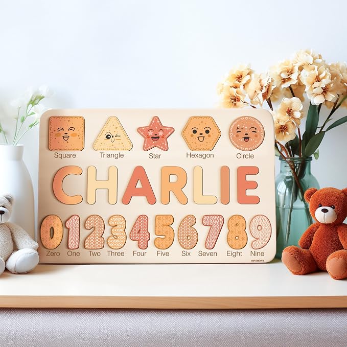 Wooden Name Puzzle Personalized with Numbers & Shapes for Kids 1-3 | 11 Color Themes | Handmade Montessori Toy, Keepsake Decor & Ideal 1st Birthday Gift