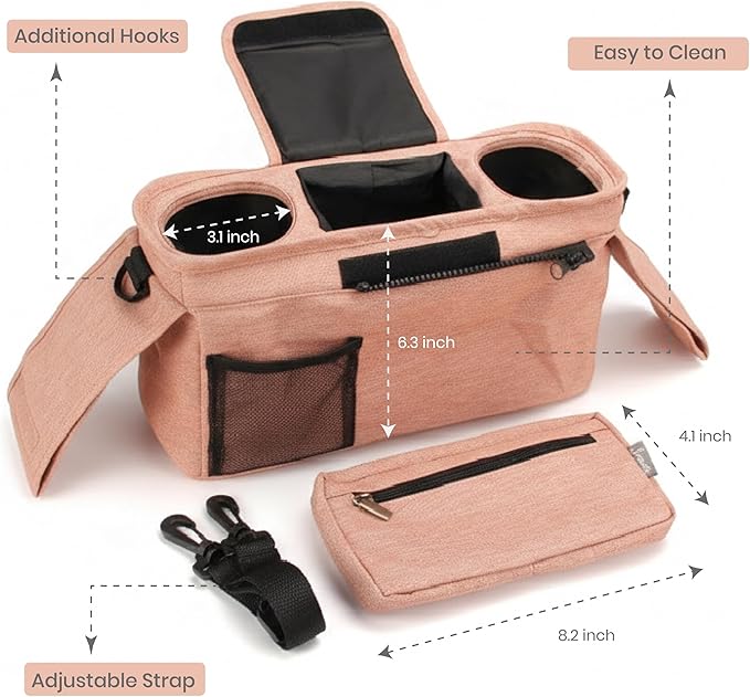 Universal Stroller Organizer, Pink - 2 Insulated Cup Holders - Non-Slip Stroller Caddy Bag - Detachable Phone Pouch - Fits Uppababy, Nuna - New Mom Essentials