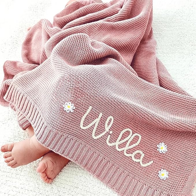Personalized Knit Hand Embroidered Baby Name Blanket Custom Embroidery Cotton Nursery Blanket Gifts for Newborn Baby Boy and Girl Newborn Holiday Shower Gift Cotton Knit Stroller