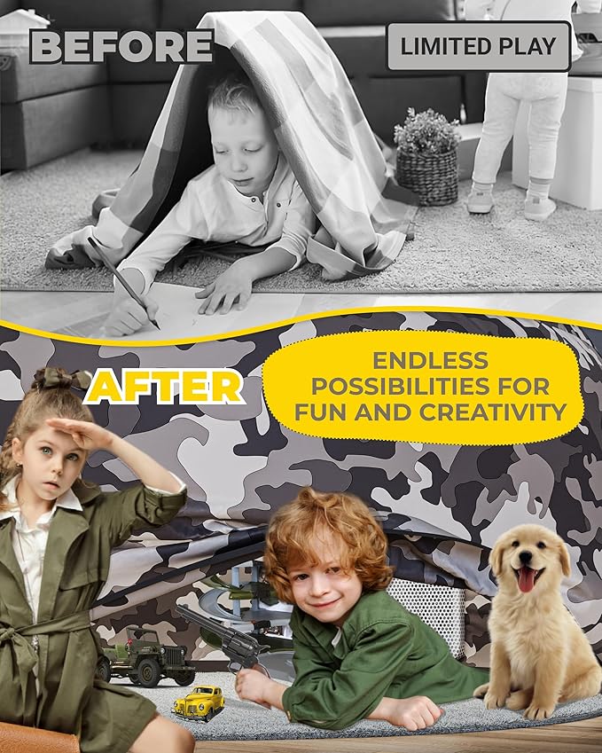 Skywin Air Tents for Kids (77??x 50?? Builds in 30 Sec, Indoor Tent for Imaginative Play, Giant Kids Playhouse, Perfect Christmas or Birthday Gift (Fan Not Included)(Camo Adventure Base)