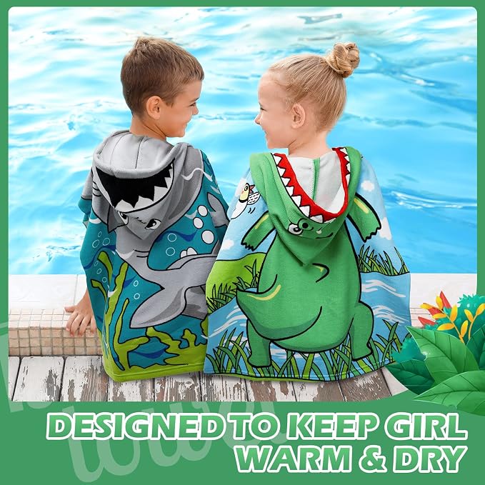 Chumia 3 Pack Kids Hooded Beach Poncho Towels Toddler Swim Pool Bath Towels with Hood Thicker Cotton Absorbent Cover up for Boys Girls Baby(59 x 30 Inch,Spaceman, Dinosaur)