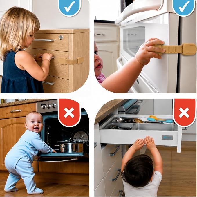 3M Adhesive Child Safety Strap Locks by Baby Proof Me, Baby Latches for Cabinets, Dishwashers, Fridges, Ovens and Trash Cans, Stain Free Toilet Lock (Oak, 6 Safety Latches)