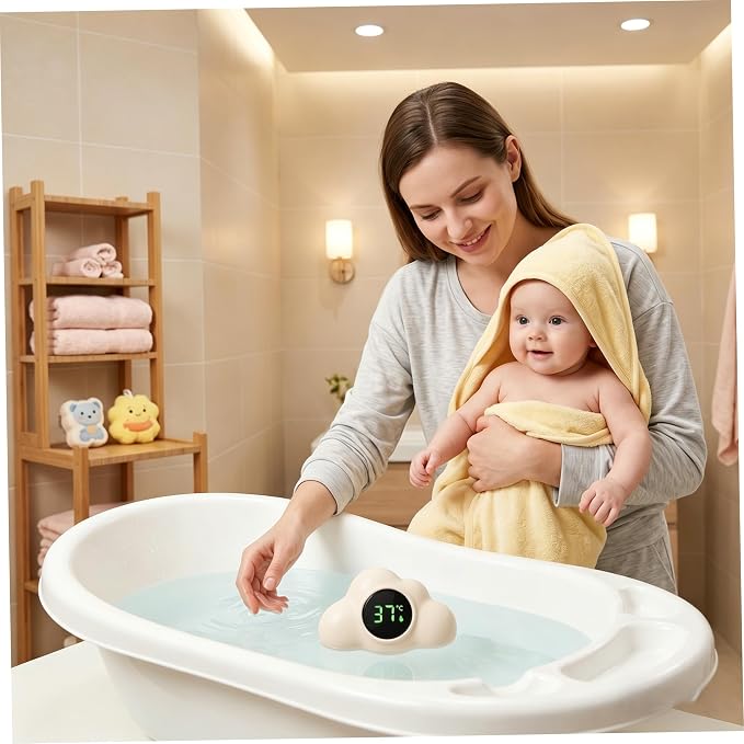 Bath Water Thermometer, Digital Baby Bath Thermometer, 3-Color Temperature Alert Floating Cloud Shape for Newborns, Beige