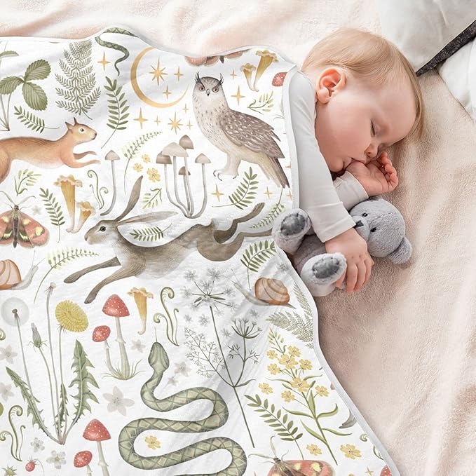 Ollabaky Squirrel Owl Mushrooms Baby Blanket for Boys Girls Cotton Throw Blanket Swaddle Blanket for Crib Stroller Nursery Receiving Blanket Infant Toddler Unisex 30"x40"