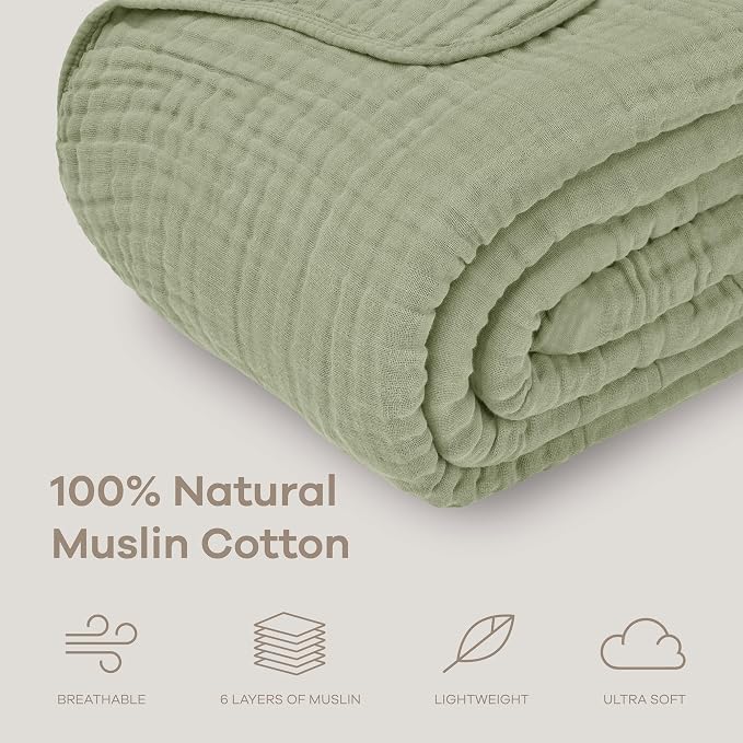 Comfy Cubs Muslin Blanket for Adults Queen 90" x 90" - 6 Layer Soft, Breathable & Lightweight Muslin Adult Blanket - Machine Washable & Designed in The US Bedding for All Seasons - Sage