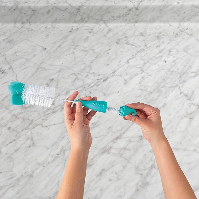 Nuby Bottle and Nipple Brush with Bristles and Sponge Tip | 3 Pack: Aqua, Blue, Lime or Aqua, Coral, Lime | Hanging Handle with Hook for Drying
