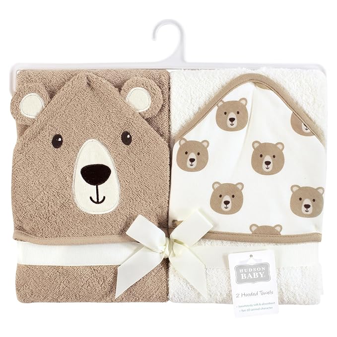 Hudson Baby Cotton Animal Face Hooded Towel, Tan Bear, One Size