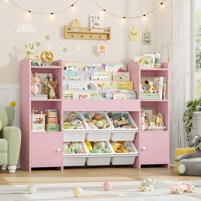 FINETONES Toy Storage Organizer with 6 Toy Bins, Toy Organizer Kids Bookshelf with 6 Cubbies, Toy Organizers and Storage Bins, Playroom Storage and Toy Chest, Pink