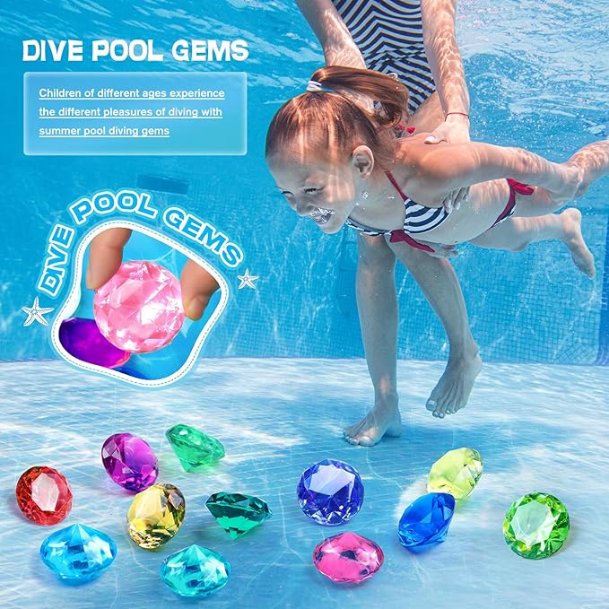 Diving Gem Pool Toy 10PCS DISHIO Big Colorful Diamond Diving Toy with Treasure Box Chest Pirate Pool Toys for Kids Toddlers Underwater Sinking Dive Gemstone for Swimming Bath Birthday Party Decoration