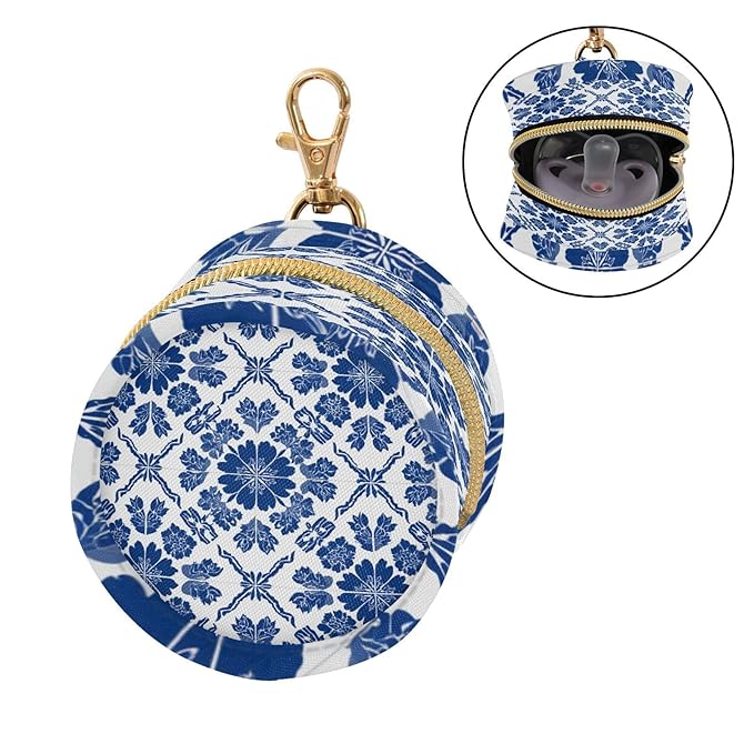 Pacifier Holder with Clip Pacifier Case for Diaper Bag Round Baby Pacifier Pouch Box Bag Portable Blue and White Geometric Flowers