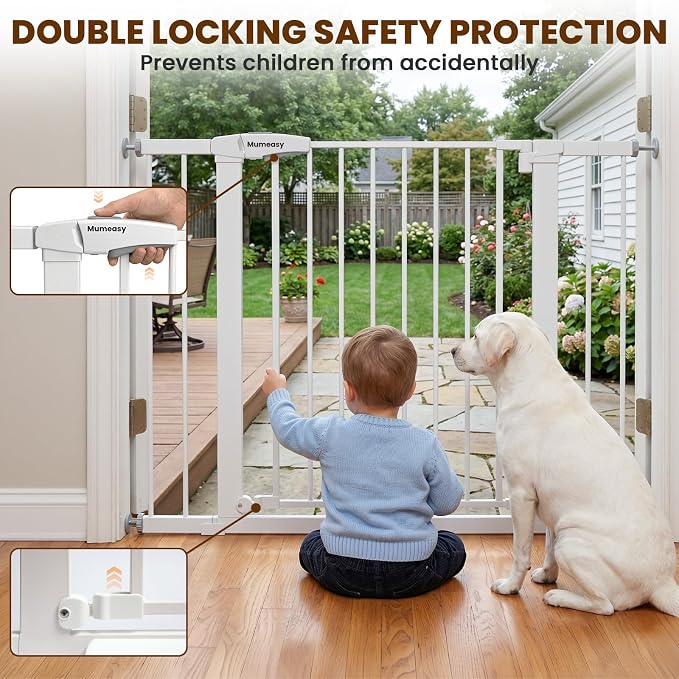 Mumeasy 29-43" Wide Baby Gate for Stairs and Doorways, 30" Tall Pressure Mounted Dog Gate No Drilling, Auto Close Walk Thru Child Safety Gate, Sturdy Metal Pet Gate with Dual Lock, White