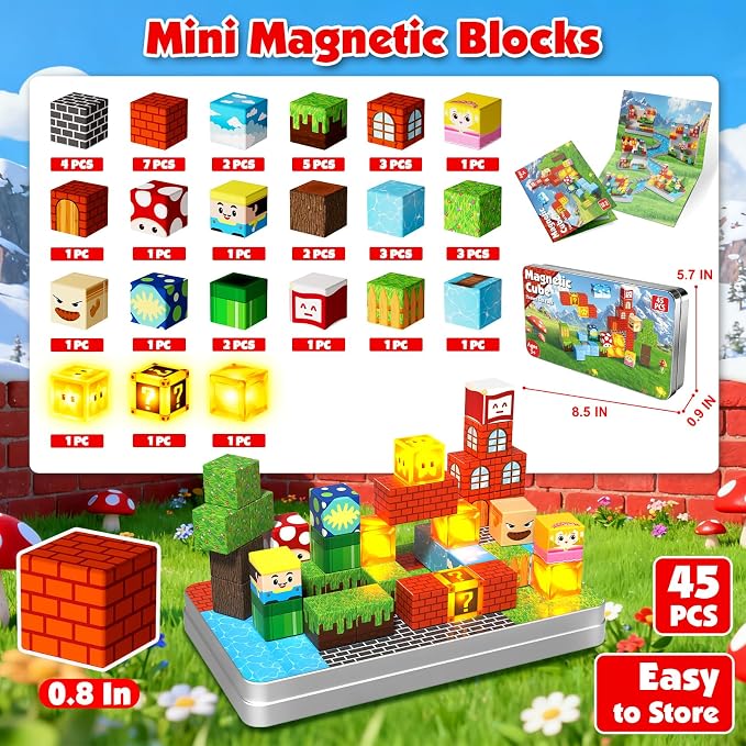 Annexfun Magnetic Blocks with Light Up Blocks - 45PCS Travel Magnetic Building Blocks for Toddler,STEM Educational Cubes Toys for Kids Ages 3 4 5 6 7 8 Year Old Boys Girls Christmas Birthday Gifts