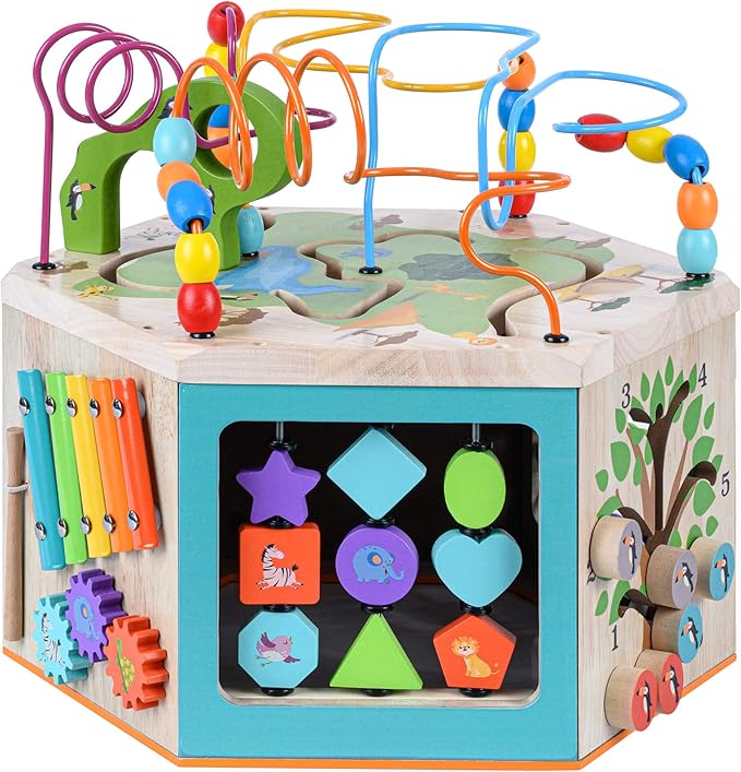 Teamson Kids Preschool Play Lab 7-in-1 Large Wooden Activity Cube Station Center Bead Maze and Counting for Kids Baby Toys, Natural